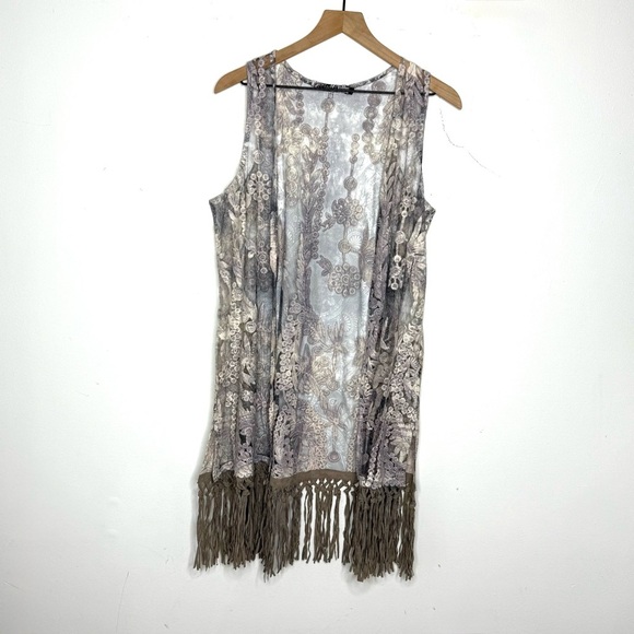 Origami Floral Fringe Sleeveless Boho Topper Vest - Gray - Picture 1 of 4